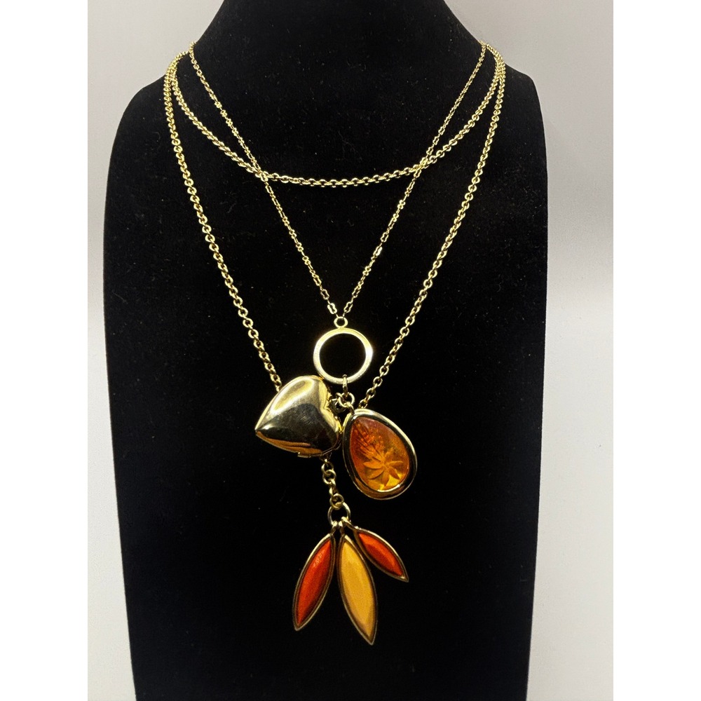 Unbranded Layered Charm Necklace Womens 16" Gold‎ Tone Heart Amber Leaves